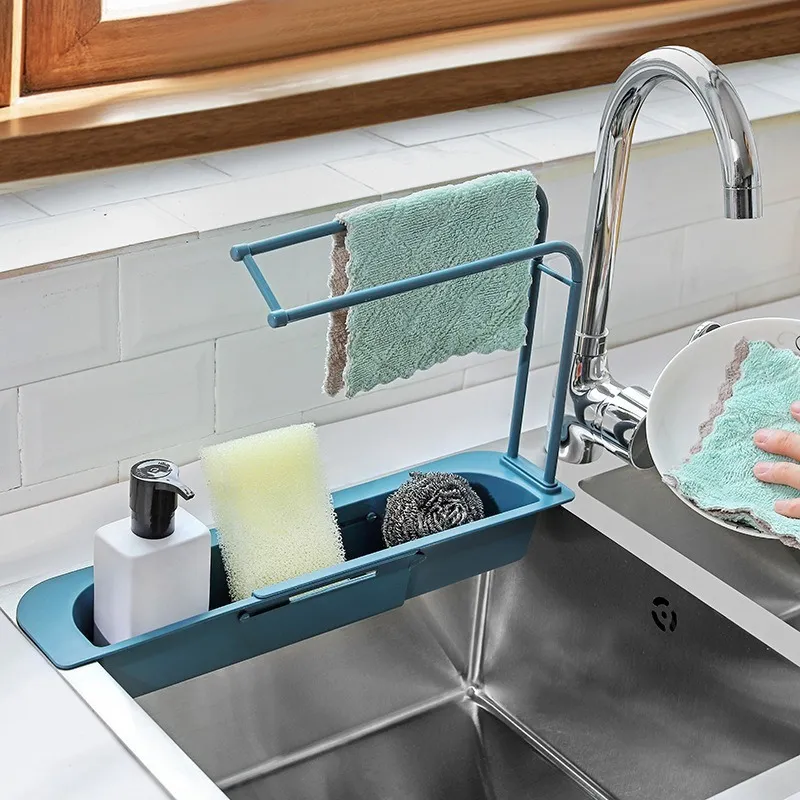 Adjustable Plastic Sink Caddy Organizer – Expandable Kitchen Sink Drain Rack with Sponge Holder, Dishcloth Hanger & Brush Stand, Countertop Drying Rack for Scrubbers & Cleaning Supplies